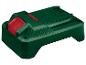 Batterie d'outil électrique vert foncé avec un bouton de déverrouillage rouge.