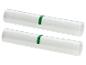 Deux rouleaux de film transparent pour machine sous vide avec étiquettes vertes.