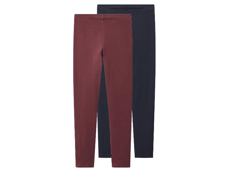 Deux paires de leggings pour femmes, une rouge foncé et une bleu foncé.