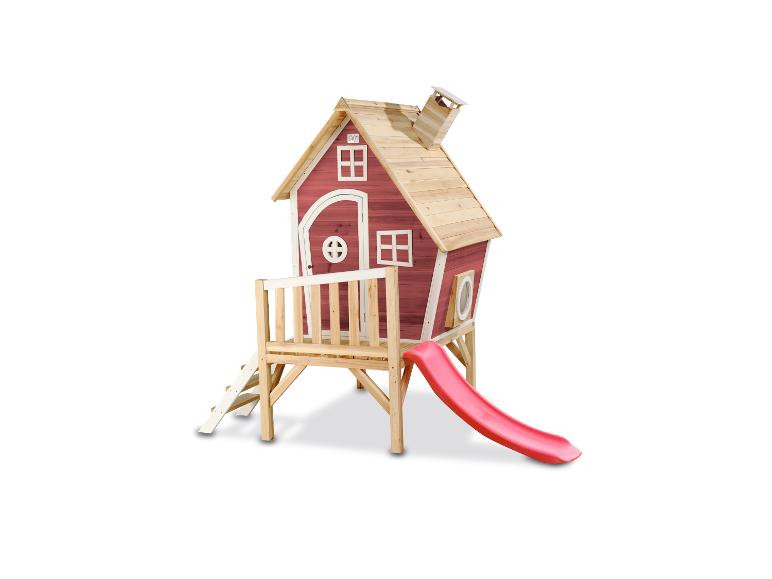 Maisonnette de jeu en bois rouge avec toboggan et échelle