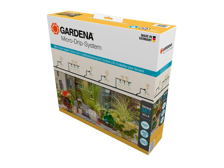 Kit d'irrigation Gardena Micro-Drip pour terrasse, prêt à l'emploi.