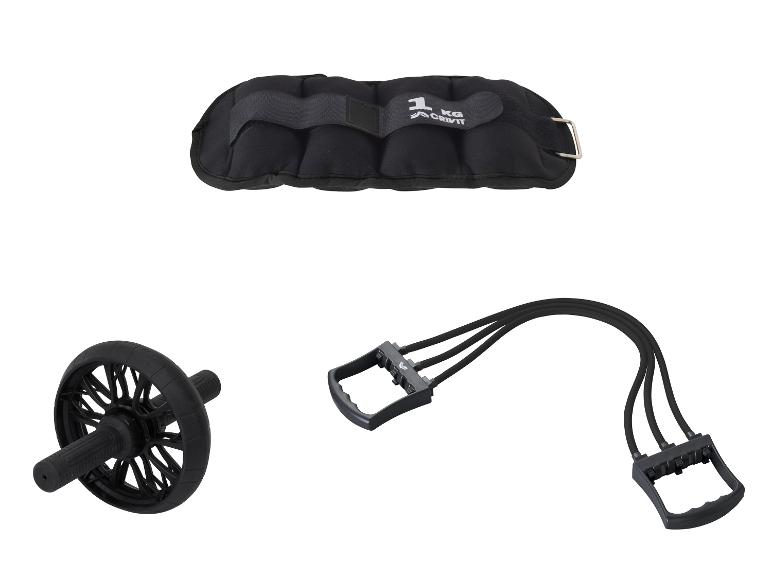 Équipement de fitness CRIVIT : leste pour poignet/cheville, roue abdominale et extenseur.