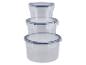 Trois contenants alimentaires en plastique transparent avec couvercles bleus.