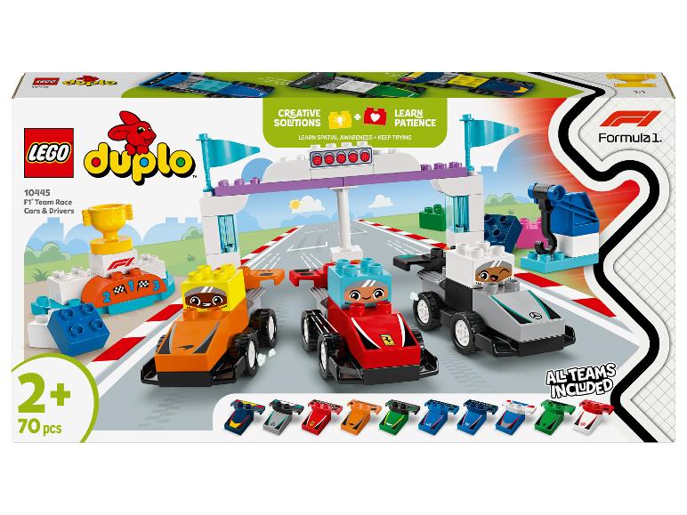 Ensemble LEGO Duplo 10445 F1 Team Race Cars & Drivers, avec voitures de course et accessoires.