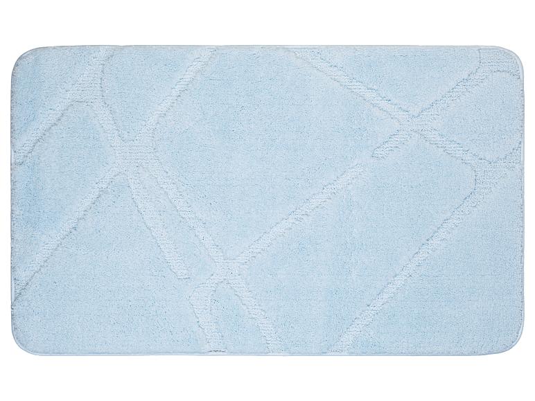 Un tapis de bain bleu clair avec un motif géométrique.