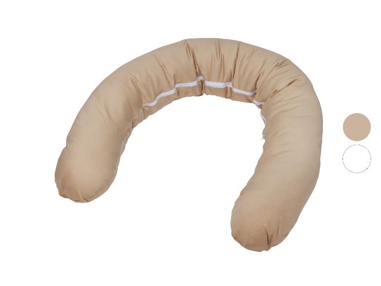 Coussin d'allaitement beige en forme de U avec fermetures éclair blanches