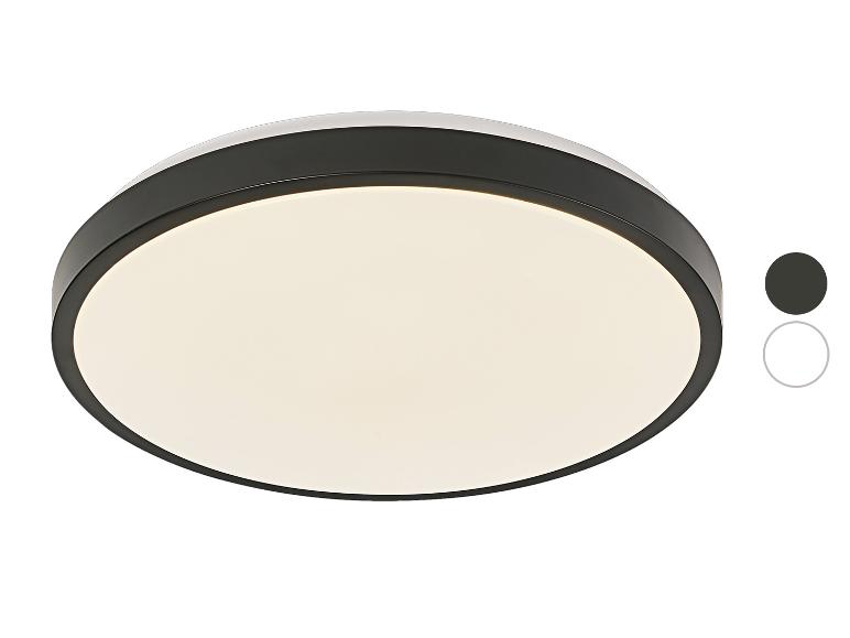 Plafonnier rond noir avec diffuseur blanc et deux options de couleur.