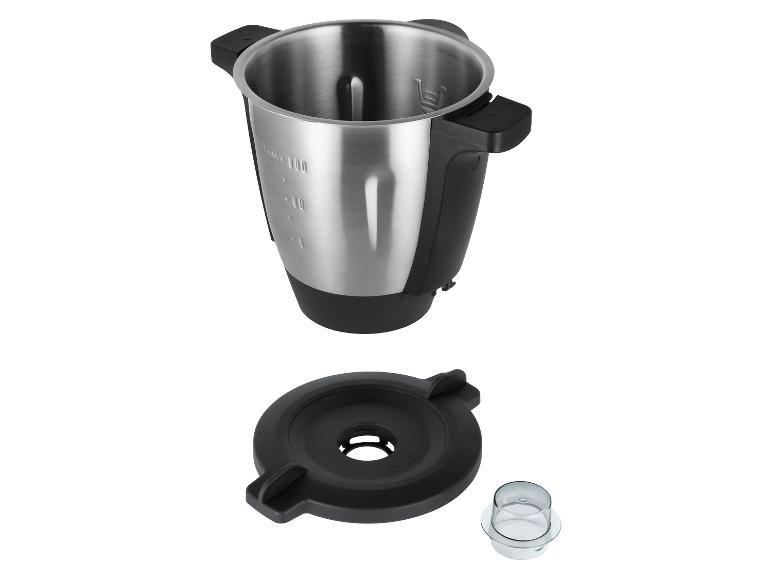Bol en acier inoxydable avec poignées, couvercle et gobelet doseur pour robot de cuisine.