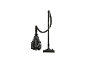 Aspirateur noir avec tuyau et buse sur fond blanc.