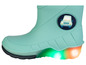 Bottes de pluie vertes avec un motif de voiture et des semelles qui brillent.