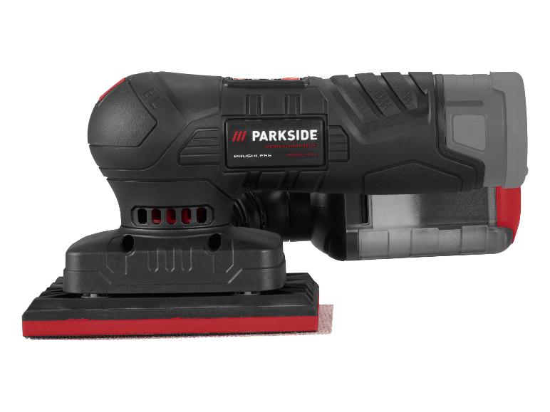 Ponceuse sans fil avec bac de récupération de poussière et base rouge.