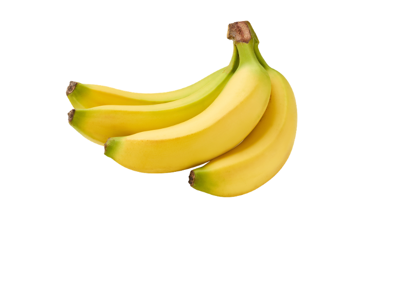 Un régime de bananes jaunes et vertes sur fond noir.