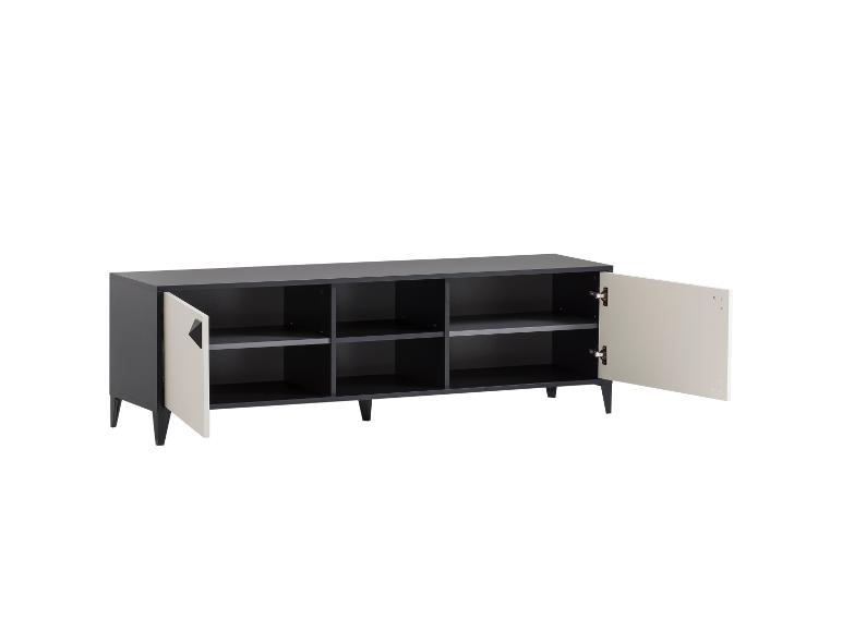 Buffet noir avec portes blanches ouvertes et étagères.