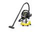 Aspirateur eau et poussière noir et jaune avec un réservoir en acier inoxydable.