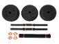 Ensemble d'haltères avec disques de poids noirs (1,25 kg), deux barres courtes, une barre longue et des colliers orange.