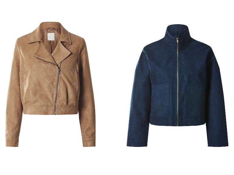 Deux vestes en daim : une veste de motard marron et une veste bleu foncé zippée.