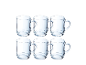 Six tasses en verre transparent avec anses, disposées en deux rangées de trois sur fond blanc.