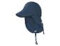 Chapeau de soleil bleu foncé pour enfant avec protection de nuque et cordon ajustable.