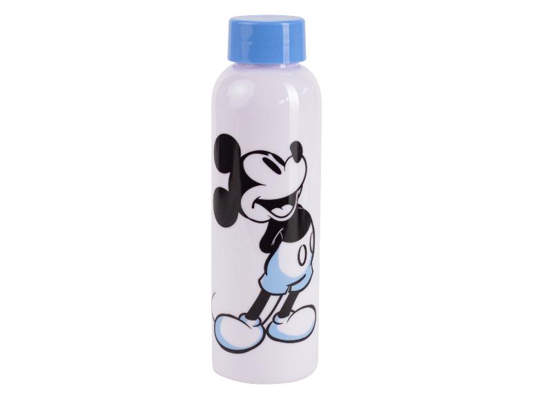 Une bouteille d'eau blanche avec une image de Mickey Mouse.