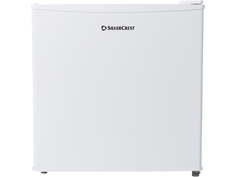 Mini-réfrigérateur blanc compact avec logo sur le côté supérieur.