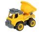 Camion benne jouet jaune et gris avec les étiquettes « PIONEER » et « URBAN ENGINEERING CONSTRUCTION ».