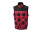 Gilet à carreaux rouge et noir avec fermeture éclair, col montant et poches.