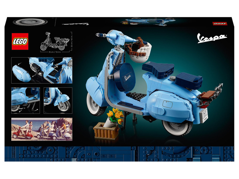 Un scooter Vespa LEGO bleu avec un pot de fleurs et des fleurs.