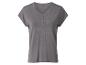 Un t-shirt gris foncé pour femme, manches courtes, avec patte de boutonnage.