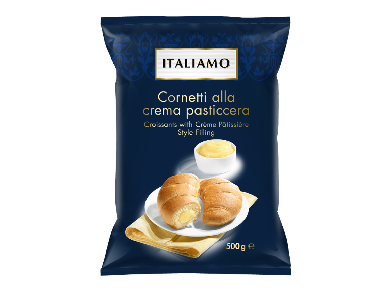 Croissants à la crème pâtissière dans un emballage bleu foncé, 500g.