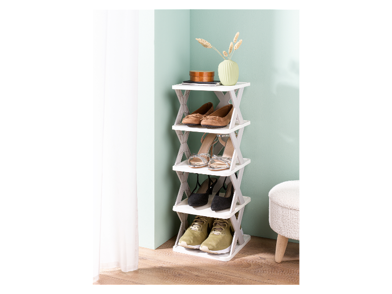 Range-chaussures à cinq niveaux avec des chaussures pour femmes et des baskets.