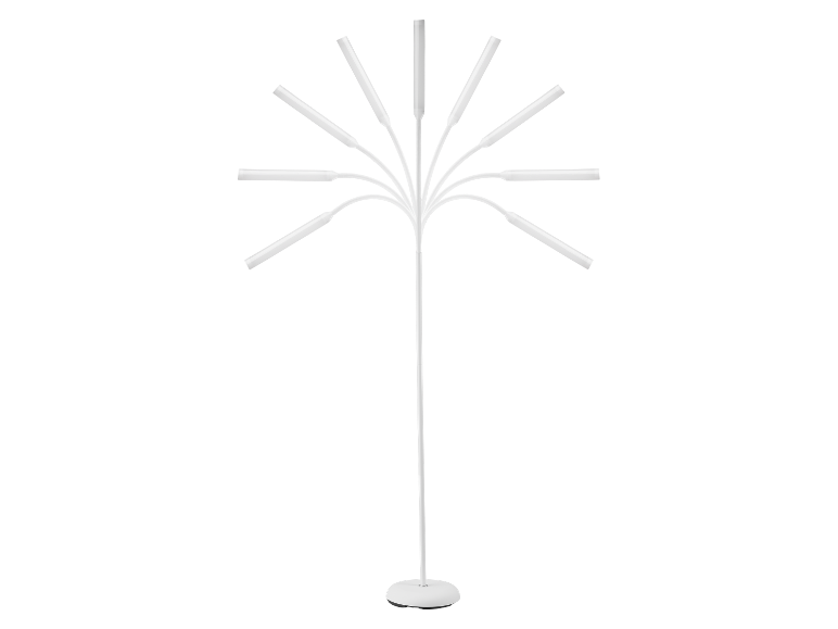 Lampadaire blanc à multiples bras ajustables.