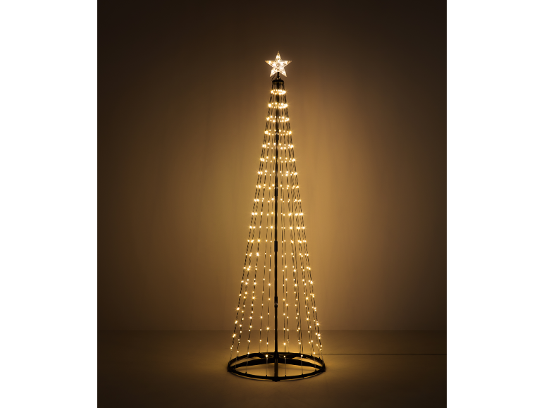 Sapin de Noël conique avec des lumières LED blanc chaud et une étoile au sommet.