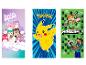 Serviettes de bain Pokémon, Minecraft et Squishmallows.