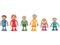 Ensemble de figurines en bois d'une famille : papa, maman, grand-père, grand-mère, fille et garçon.