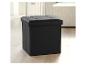 Un pouf de rangement noir avec un siège capitonné.