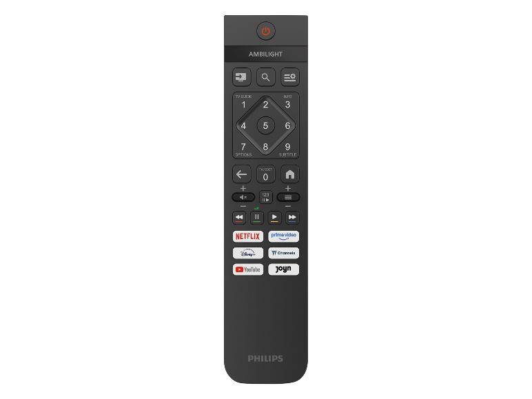 Télécommande TV noire avec boutons numériques et d'applications de streaming.