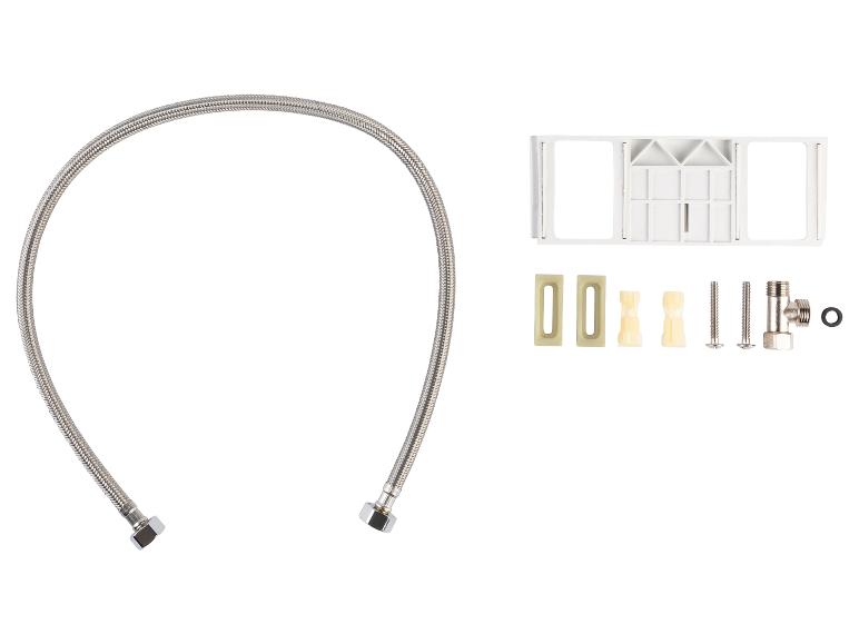 Un tuyau flexible pour la plomberie avec des raccords et un support blanc
