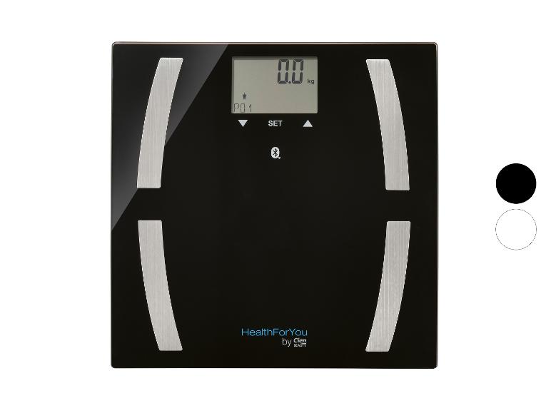 Pèse-personne intelligent noir avec écran numérique et détails argentés, marqué HealthForYou by Cien Beauty.