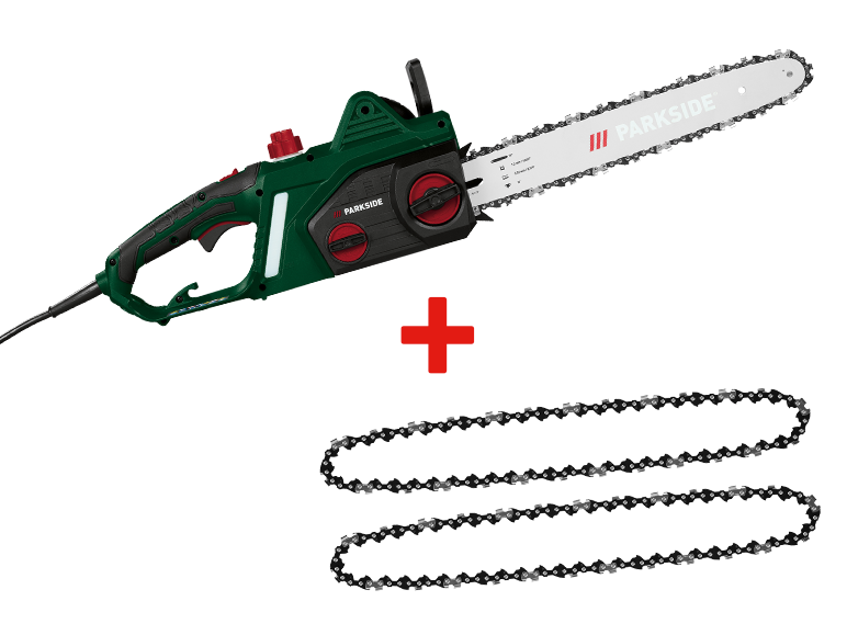 Tronçonneuse électrique PARKSIDE avec deux chaînes supplémentaires.