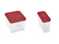 Deux boîtes de rangement transparentes avec des couvercles rouges.