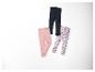 Trois leggings pour filles : noir, rose et imprimé coquillages.
