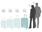Valises de voyage en tailles S, M, L et XL avec dimensions indiquées et une image de deux personnes
