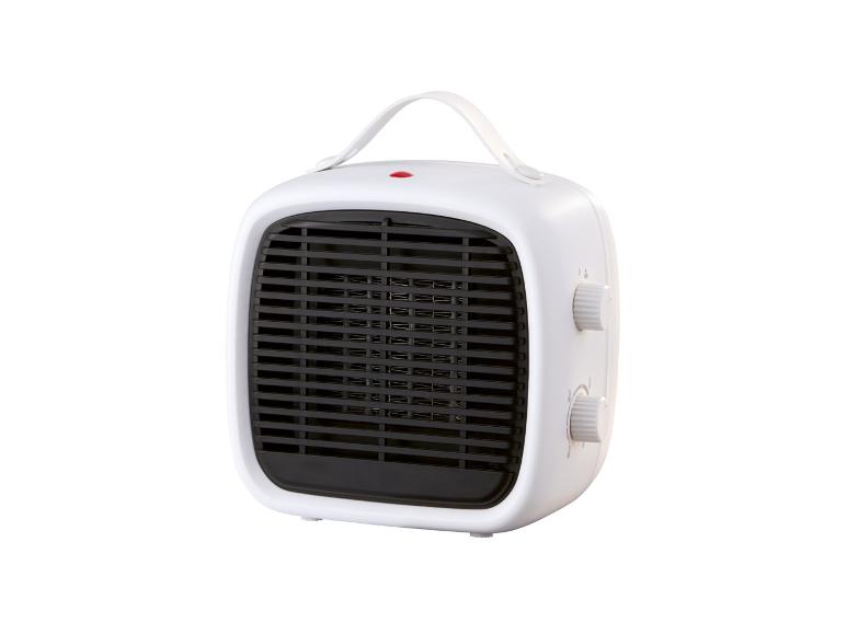 Radiateur soufflant céramique portable blanc avec poignée et boutons de commande.