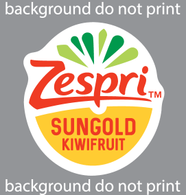 Étiquette jaune et blanche avec motif d'éventail vert et texte SUNGOLD KIWIFRUIT.