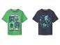 Deux t-shirts enfants Minecraft : un vert avec 'GAME ON' et un bleu foncé avec 'I LOVE MINECRAFT'.
