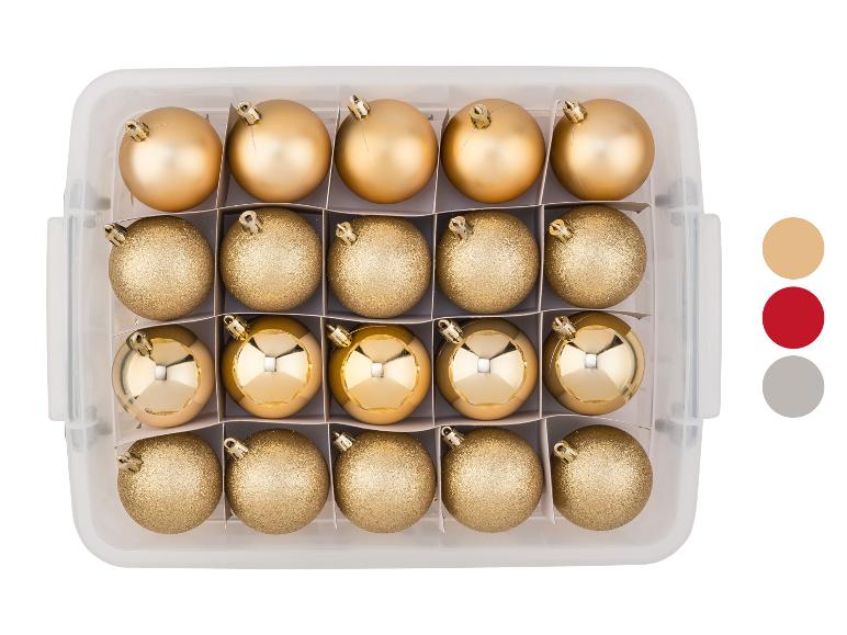 Lot de 70 boules de Noël LIVARNO® : boules dorées mates, brillantes et pailletées dans une boîte.