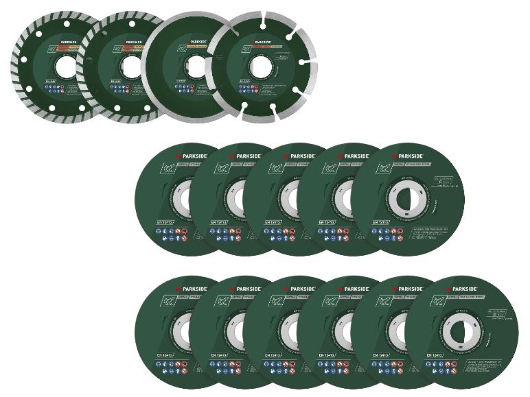 Assortiment de disques de coupe et de meulage pour maçonnerie, carrelage, métal et acier inoxydable.