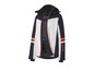 Une veste de ski bleue et blanche avec une bande rouge.
