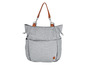 Un sac de shopping gris avec des poignées marron.