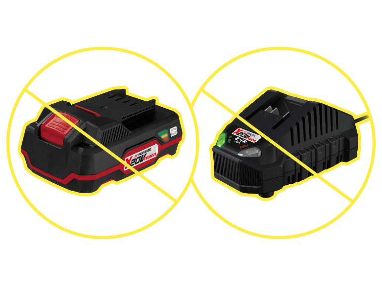 Batterie et chargeur PARKSIDE PERFORMANCE® 20V, tous deux barrés.